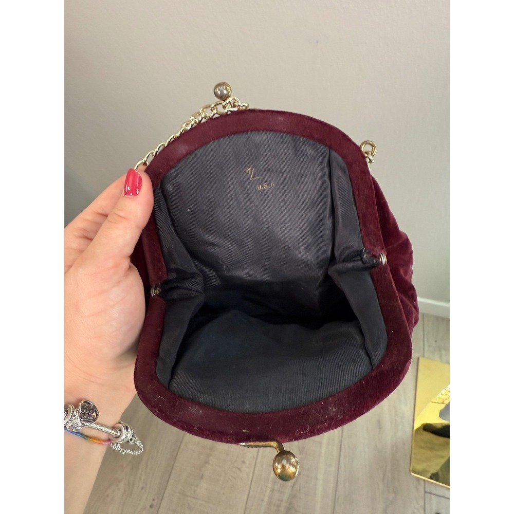 Vintage Style Burgundy Velvet Kiss Lock‎ Evening Bag Gold Chain Handle Clutch - Picture 2 of 5